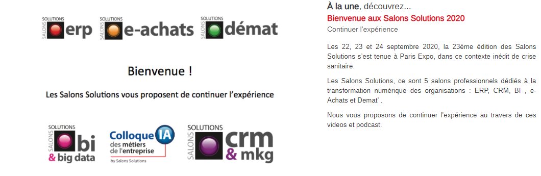 SalonsSolutions's tweet photo. C'était il y a 2 mois ! Vous souhaitez (re)découvrir le salon
@SalonsSolutions en vidéo ? C'est par ici 👉 https://t.co/uF9z9vb5gm
C'est plus de 60 conférences et podcasts autour de l' #ERP du #CRM , du #BI de la #BigData , de l' #eAchat https://t.co/LUueKqcOK5