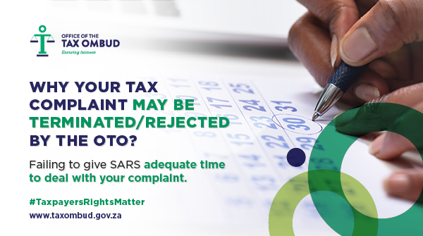 TaxOmbud's tweet photo. Remember, every time you engage with SARS you need to allow 21 days for feedback. If you or your tax practitioner lodge a complaint with the OTO before this time has run out, we will unfortunately have to reject your complaint. #TaxpayersRightsMatter https://t.co/ZnlOHEU3Ej