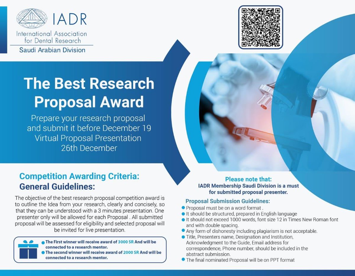 🏆 The Best Research Proposal Award

💡 Do you have a research idea? 
💡 Do you need mentor &amp; support?

🧷Submit your proposal before: 

🗓December 19, 2020
docs.google.com/forms/d/e/1FAI…
#IADRSaudi
#IADRSaudi_Symposium