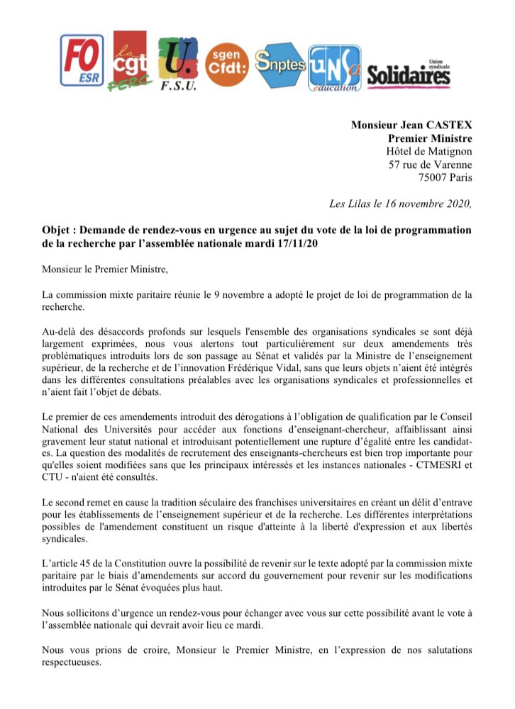 SnesupFsu's tweet photo. #LPR Les organisations de @FsuNationale pour l’ESR et l’intersyndicale demandent RV ce lundi en urgence au 1er ministre pour échanger sur la #LPR et la suppression des amendements CNU et délit d’entrave @JeanCASTEX @SnesupFsu @AEFsuprecherche #stopLPR
https://t.co/dvMtWwD0aQ https://t.co/EBOv4hXGRn