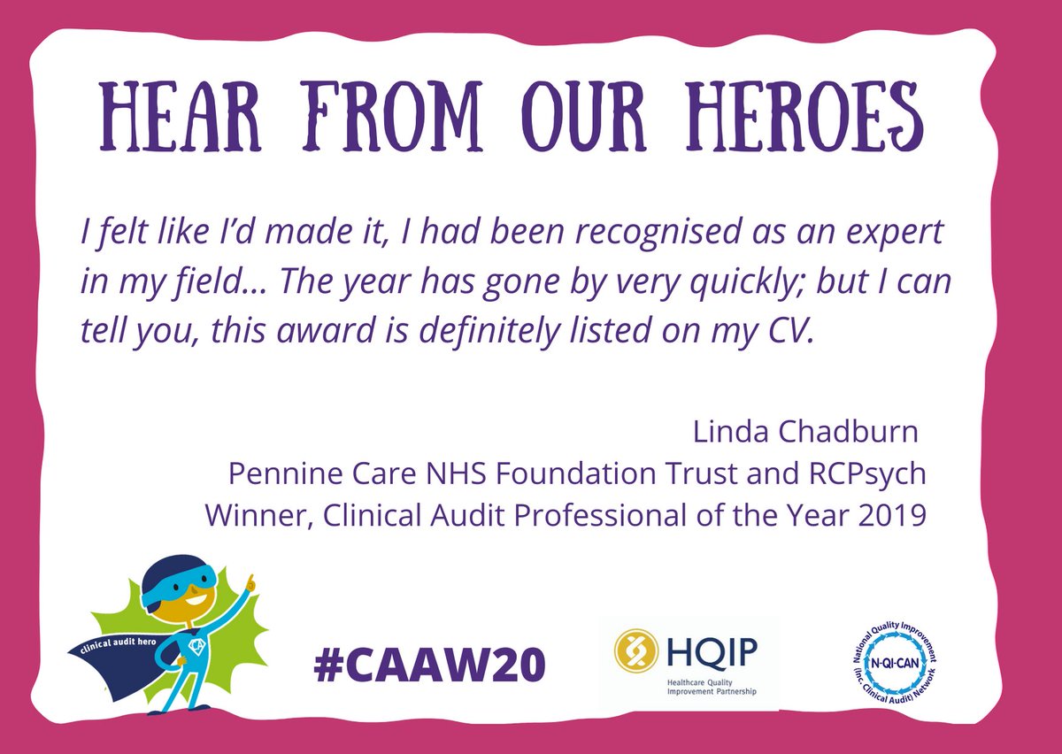 THREAD:"I felt like an expert." Next Monday we find out the outcome of the 2020 Clinical Audit Professional of the Year award. Read the thoughts of last year's national winner  @PennineCareNHS's &  @rcpsych's Linda Chadburn on what it means: http://hqip.org.uk/hear-from-our-heroes-clinical-audit-professional-of-the-year-national #AuditHeroes