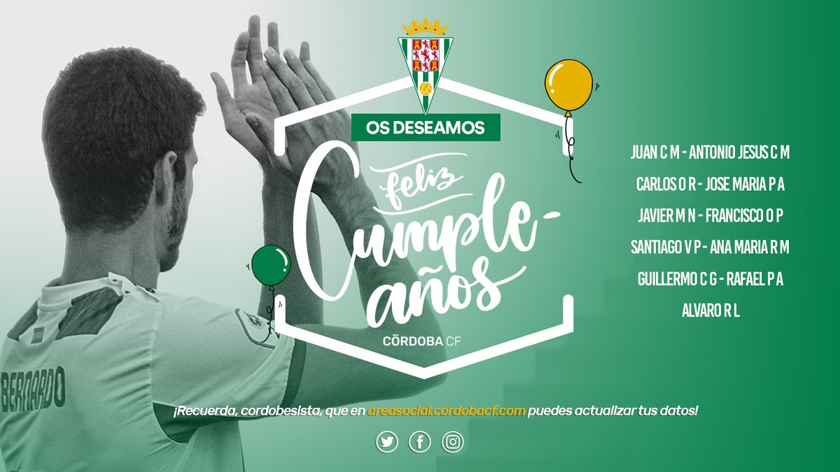 CordobaCF_ofi's tweet photo. 💁‍♂️ Buenos días, cordobesistas!

🔛 Comenzamos el día felicitando a nuestros abonados 
🎂🥳

#CumpleEnBlancoyVerde 🎉🎁 https://t.co/JmDUW30GaA