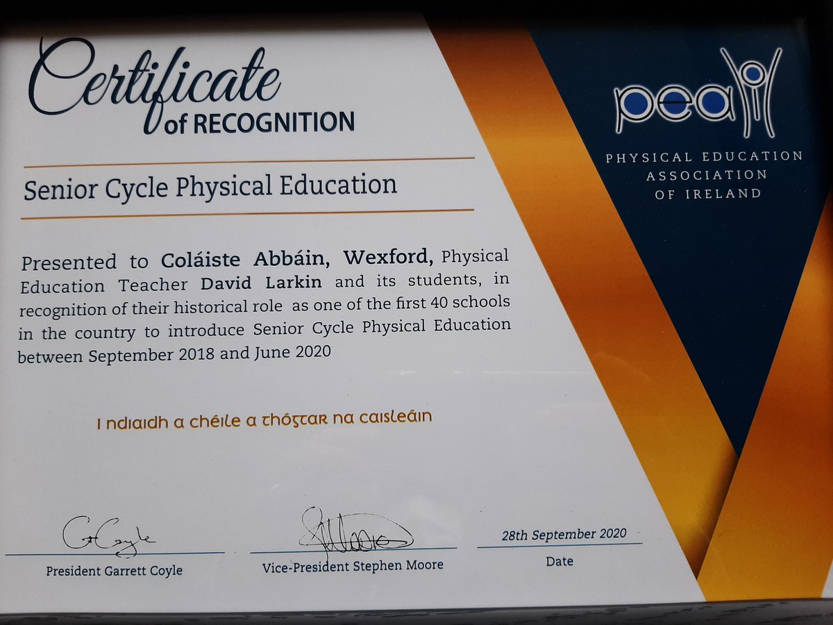 colaisteabbain's tweet photo. CA receives Certificate of Recognition for offering Senior Cycle PE. Well done Mr Larkin! #wwetb
#peai https://t.co/9MsalrX861