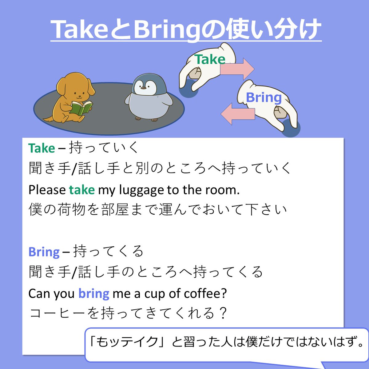 わんわん 英語がんばる 覚えておくと便利な Take と Bring の違い Bring の使い方をまとめました