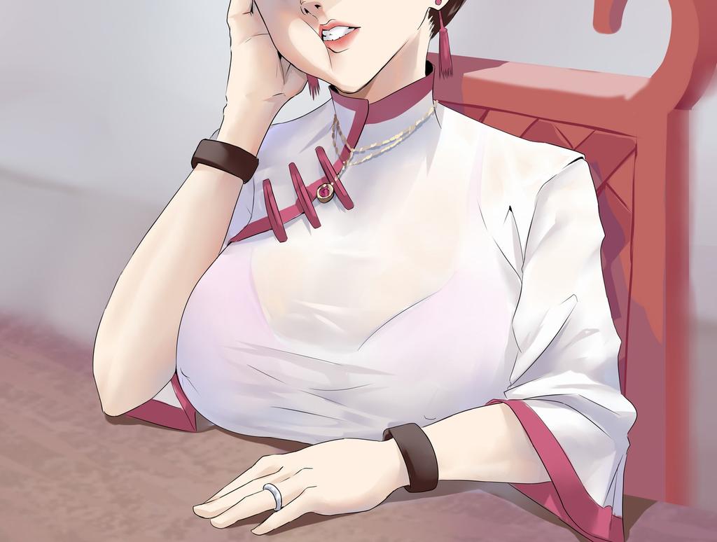 Tenten sitting at the counter of her tools shop. 'Ugh... Such a boring day.'