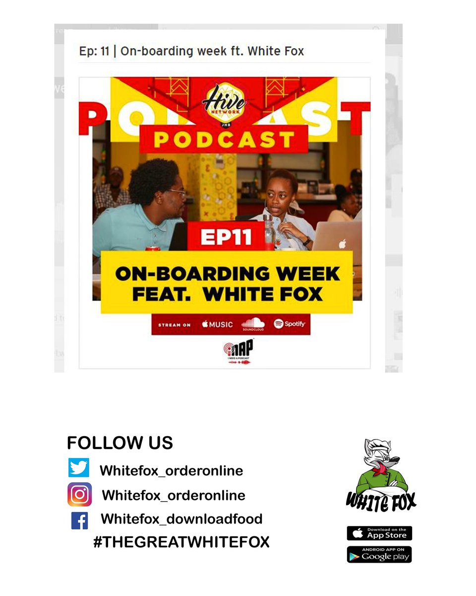WhiteFox_Food's tweet photo. November 2019 we featured on @hivejoburg, the on-boarding week our co-founder @leratolufuno148 shared all about WhiteFox and entrepreneurship.  

Re-stream here https://t.co/e64GGQ1qGq

#TogetherForTheWin #thegreatwhitefox https://t.co/niVPTePrYY