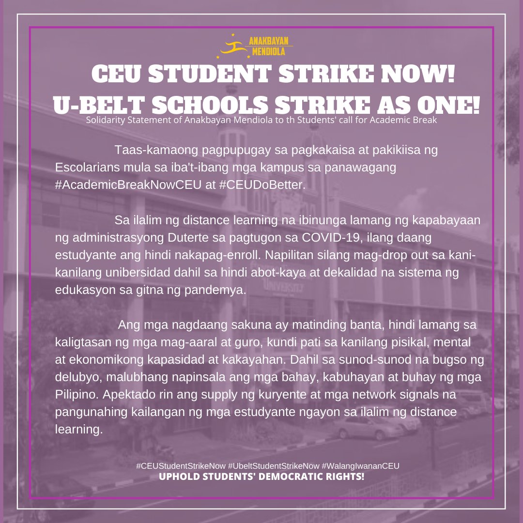 ABMendio's tweet photo. CEU STUDENT STRIKE NOW!
βAng hindi pagdinig ng CEU sa ating mga hinaing ay malinaw na patunay na nasa ating kamay ang pagtatagumpay ng laban ng malawak na hanay ng Escolarians!β
#CEUStudentStrikeNow
#UBeltStudentStrikeNow
#WalangIwananCEU https://t.co/SCfSe0qUUs