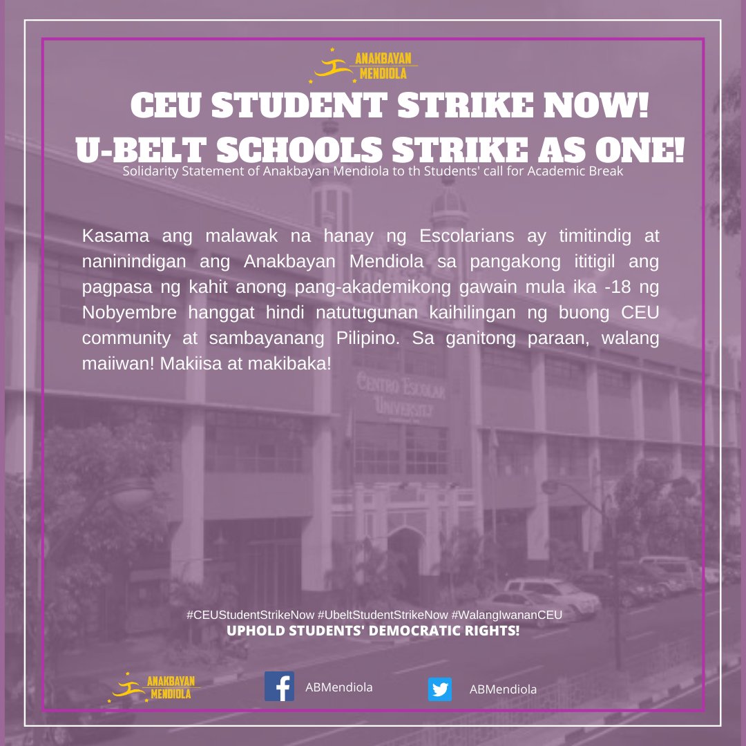ABMendio's tweet photo. CEU STUDENT STRIKE NOW!
βAng hindi pagdinig ng CEU sa ating mga hinaing ay malinaw na patunay na nasa ating kamay ang pagtatagumpay ng laban ng malawak na hanay ng Escolarians!β
#CEUStudentStrikeNow
#UBeltStudentStrikeNow
#WalangIwananCEU https://t.co/SCfSe0qUUs