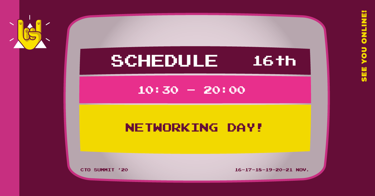 🤟🤟🤟🤟🤟🤟🤟🤟🤟

📺#CTOSummit ONLINE EXPERIENCE IS UP AND RUNNING! 📺

🤟🤟🤟🤟🤟🤟🤟🤟🤟

Still don't have your ticket? Get it before tomorrow at 9am here🎟️ ctosummit.geekshubs.com

We wish you a great experience. Thanks for your trust. 💛