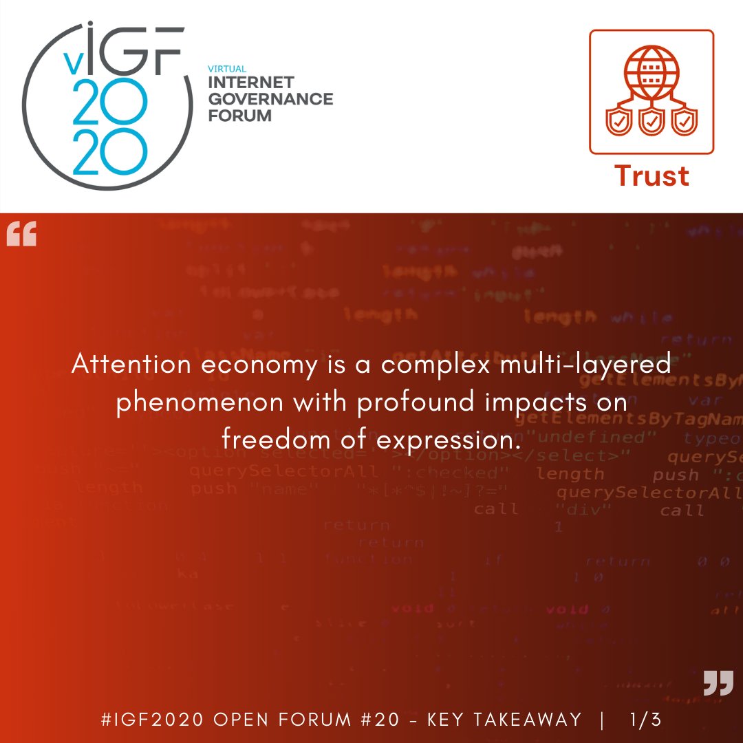 Igf_trust's tweet photo. #IGF2020 #Trust Track #KeyTakeaways OF #20 : Attention economy and free expression?

Session details and report at https://t.co/fi59nf7d6g https://t.co/tPpP09dqxy