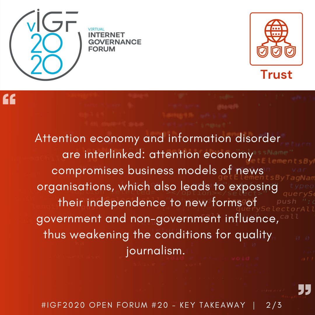 Igf_trust's tweet photo. #IGF2020 #Trust Track #KeyTakeaways OF #20 : Attention economy and free expression?

Session details and report at https://t.co/fi59nf7d6g https://t.co/tPpP09dqxy