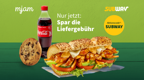 *Bei Einlösung bis 22.11.20 fällt für die nächste SUBWAY-Bestellung über mjam.at oder die mjam App keine Liefergebühr an. Nur in teilnehmenden Restaurants. Nicht mit anderen Aktionen kombinierbar. Der Mindestbestellwert bleibt unberührt 🥪