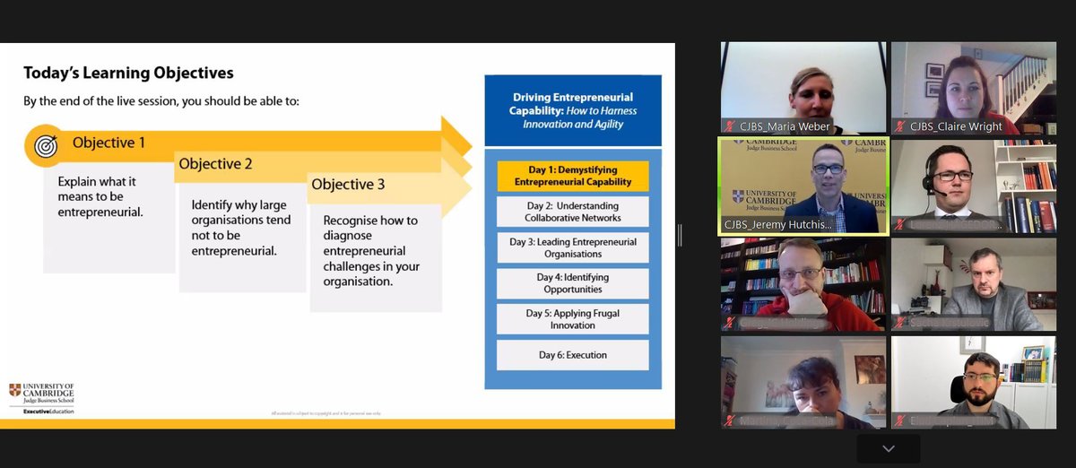 Grow_Claire's tweet photo. Day 1 of Driving Entrepreneurial Capability programme @CambridgeExecEd  - todays objectives; demystifying #entrepreneurial #capability for large organsiations with @JeremyKrupat https://t.co/Z4GhG38LAQ