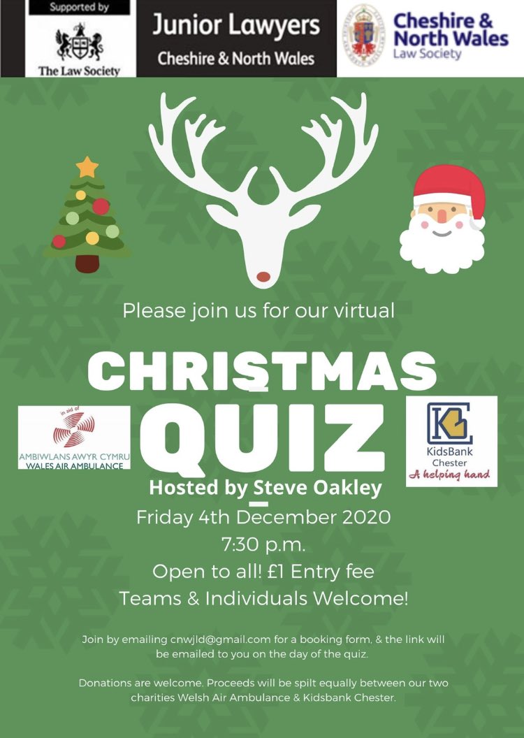 CNWJLD's tweet photo. CHRISTMAS QUIZ TIME π π
π» π
Following the success of our Zoom quiz over the Summer, #CNWJLD & @CNWLS1 ...
Our Virtual CHRISTMAS QUIZ!
π¨βπ» Hosted by Steve Boswell
π
On Friday 4th December
β° At 7.30pm
Contact us for a booking form!
#cnwjld #chester #northwales #cheshire https://t.co/6yqXnCUhLI