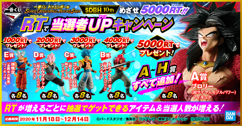 ichibanKUJI's tweet photo. ／

#一番くじ #ドラゴンボール

RTで当選者UPキャンペーン！

＼

①一番くじアカウントをフォロー

②このツイートをRT(～12/14)

③RT数に応じてゲットできるアイテムと当選人数がUP💪

一番くじ ドラゴンボール SUPER DRAGONBALL HEROES SAGAは11/20より順次発売！
