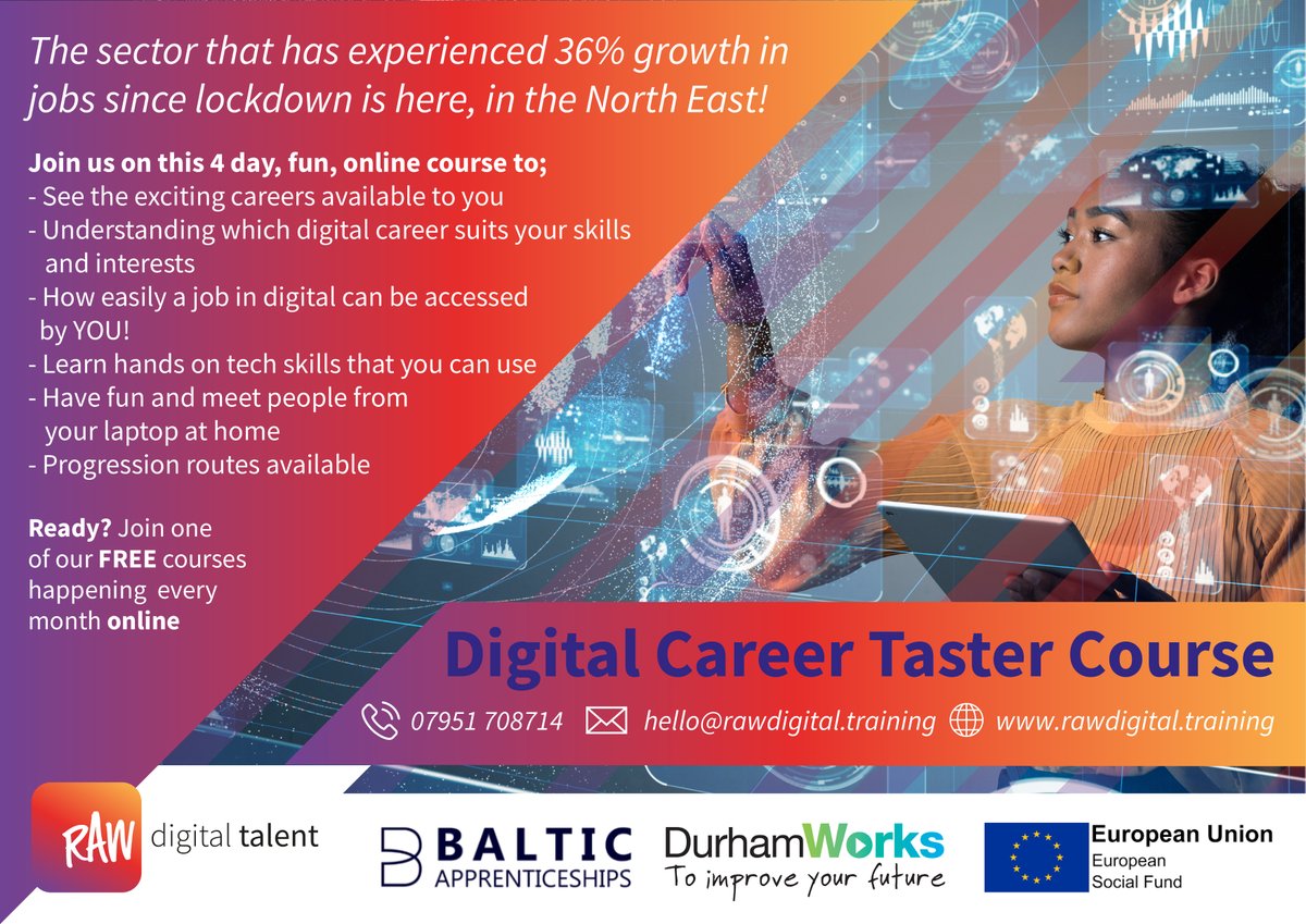 RAWdigiTalent's tweet photo. Not sure if digital is for you? Why not attend our FREE Digital Careers Tasters Course that starts on 1st Dec and gain a full introduction to the #digital and #tech sector! 

DM us if you or someone you know is interested! @JCPJobsPlusMore @BalticTraining https://t.co/2Utfdh0tVB