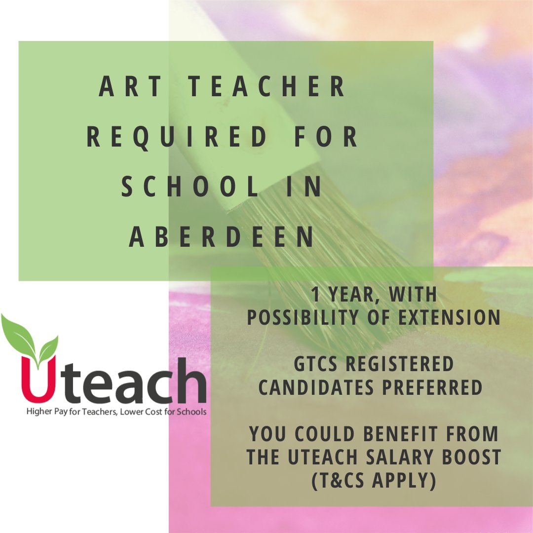 #ArtTeacher looking for a role in Aberdeen? Look no further! 

GTCS registered candidates preferred. 

Apply today: ow.ly/SfEZ50BnTKg

#EdChat #EdLeaders #Edu #Education #Educhat #TeacherJobs #Teachers #covid19 #UKSchools