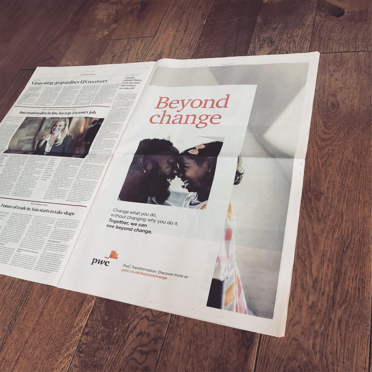 Proud to see our new Transformation campaign in the <a href="/FT/">Financial Times</a>. Whether you’re looking to refine or completely reinvent what you do, at <a href="/PwC_UK/">PwC UK</a> we can help you #SeeBeyondChange. Find out how we're doing this here pwc.to/3f0a744