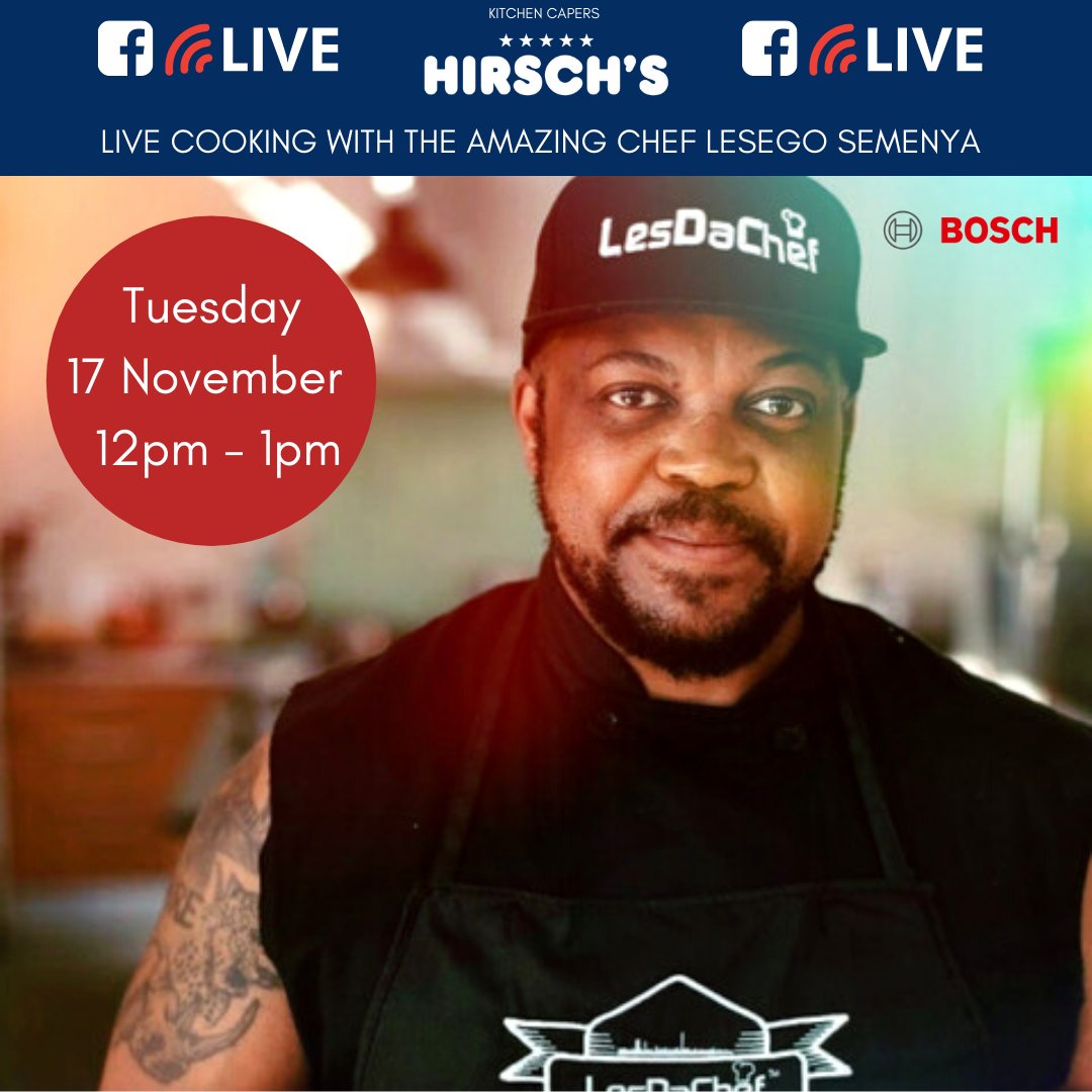 HirschHomestore's tweet photo. Join us for a culinary journey with the amazing Chef Lesego Semenya @LesDaChef in the exquisite Bosch Home Show Kitchen tomorrow live on Facebook from Hirsch's Homestore!
Register to join here --> https://t.co/0JrU0ujjuw
#HirschsHomestore #CookLikeABosch https://t.co/ByMd8NbnR1
