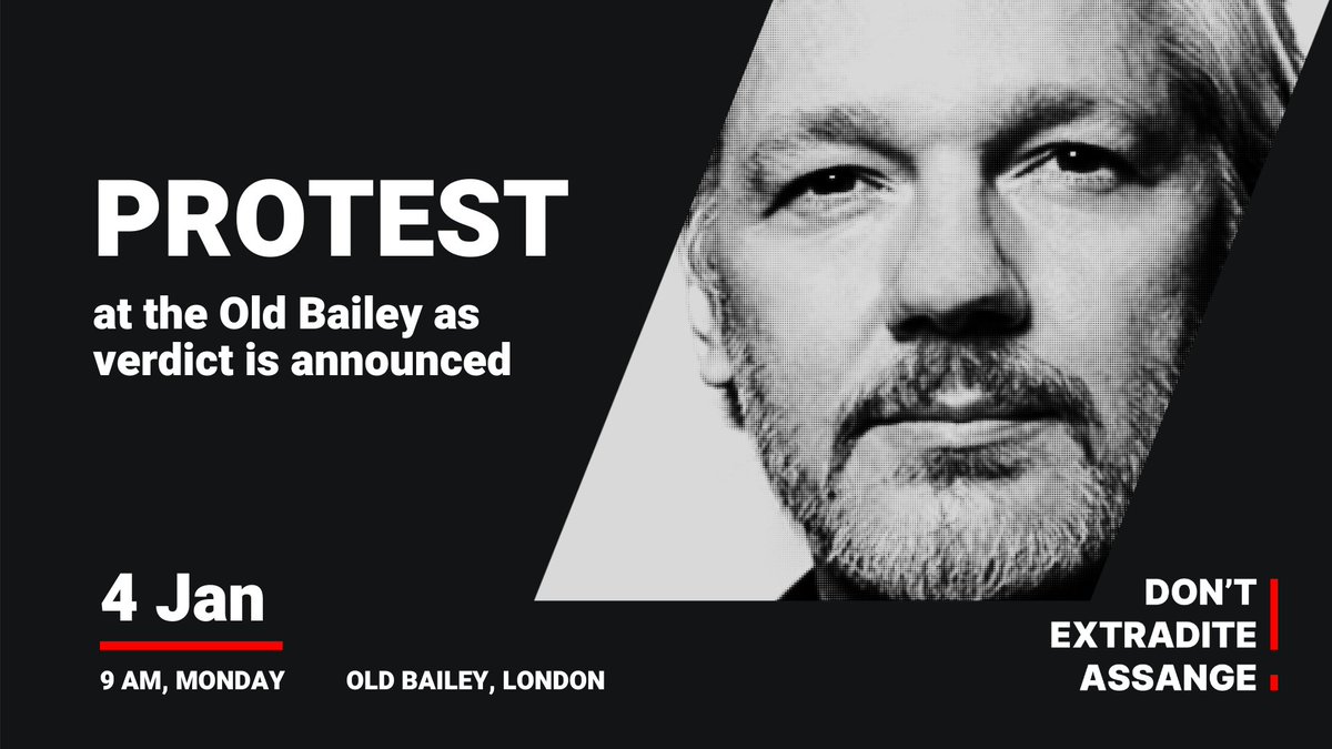 FreeAssangeNews's tweet photo. Get down on 4 January 2021 as the judge is expected to announce her verdict on #AssangeCase

9am Old Bailey for socially distanced protest
#FreeAssange #DontExtraditeAssange #FreePress https://t.co/VAZ5hMZpBS