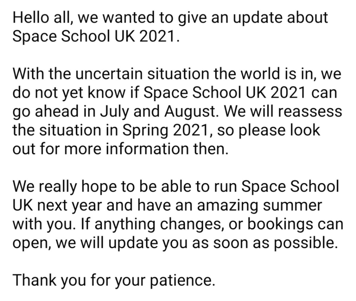 SpaceSchoolUK's tweet photo. We have a short update about Space School UK 2021. Please read and share. https://t.co/fPkQzk8fSu