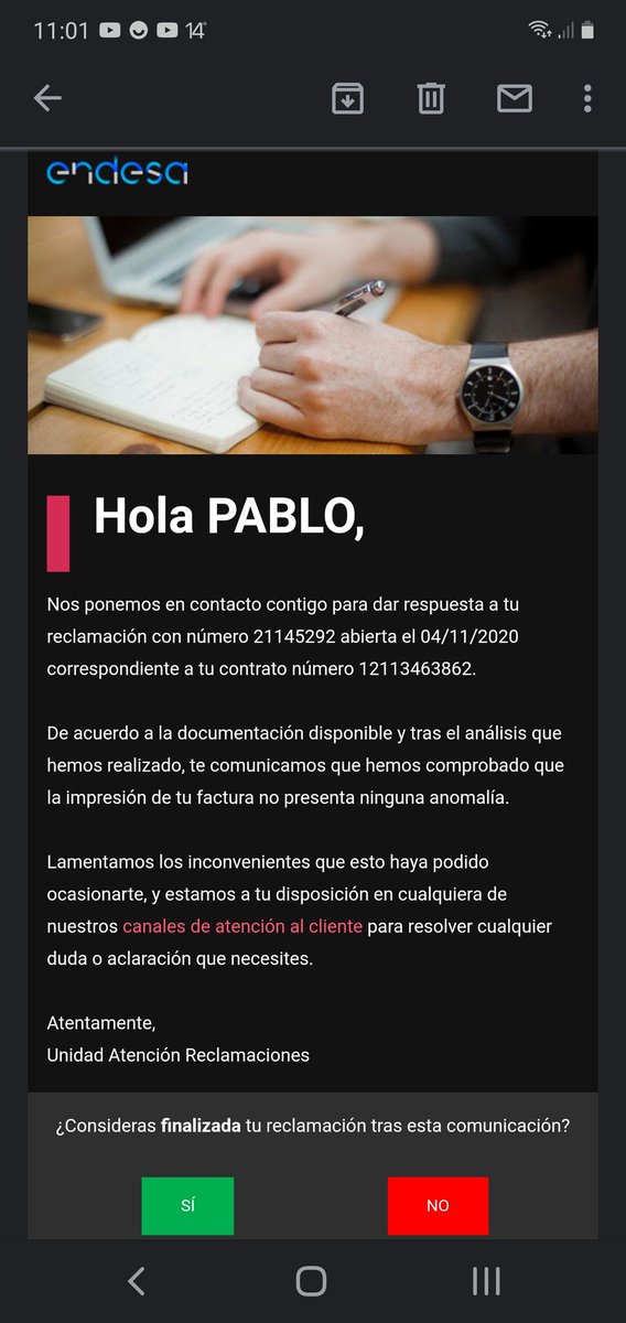 pguerrro's tweet photo. @EndesaClientes Hola buenos días espero que me puedan ayudar.He abierto tres relamaciones.
Desde el 27de julio no se me factura el recibo  de luz y desde 13 de agosto gas la respuesta de las reclamaciones es que todo está bien...A mí me parece que hay algún problema, no creen?? https://t.co/eqe3TtOQPq
