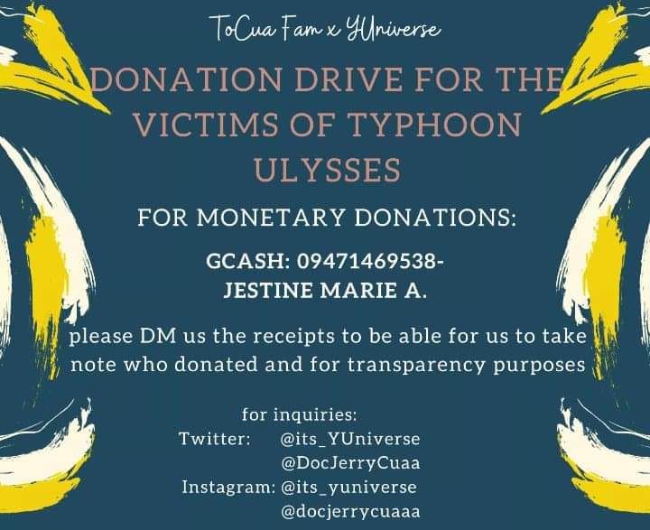 MikeyMurphy09's tweet photo. Hello guys☺️ We hope that your all safe, thank you for taking the time to read this post, ToCua Fam &amp; YUniverse were collaborating to have a "Donation drive for the victims of Typhoon Ulysses", let's all gather a big donation and spread love. ❤️🤗
@DocJerryCuaa https://t.co/PQo7md2n4b