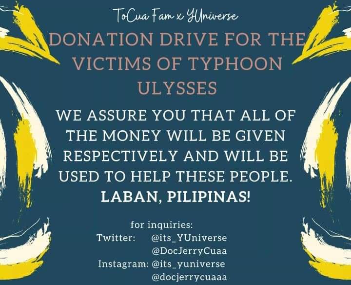 MikeyMurphy09's tweet photo. Hello guys☺️ We hope that your all safe, thank you for taking the time to read this post, ToCua Fam &amp; YUniverse were collaborating to have a "Donation drive for the victims of Typhoon Ulysses", let's all gather a big donation and spread love. ❤️🤗
@DocJerryCuaa https://t.co/PQo7md2n4b