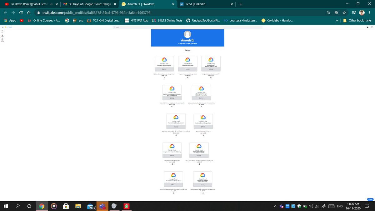 DudduAnvesh's tweet photo. Really glad to share that I took my first step towards #cloudcomputing by completing #30daysofgooglecloud. I completed both the tracks, i.e. Cloud Engineering and Data Science &amp; Machine Learning in these 30 days! Thank you so much @dsc_hits  @googledevs #dschits https://t.co/x5JxJOG7nj