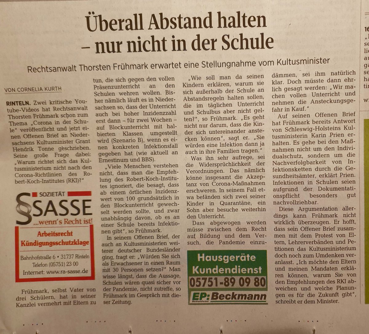 Danke an die Schaumburger Zeitung. Auch die heimische Presse berichtet über die fehlenden Abstände in der Schule.
#praesenzunterricht