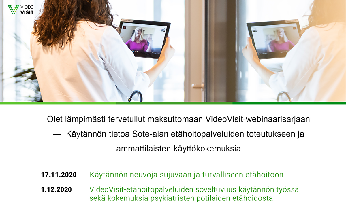 Suunnitteletko #etähoitopalvelun aloittamista sote-alalla? Millaisilla asiakasryhmillä #etähoitoa voidaan käyttää? Osallistu webinaareihimme 17.11. ja 1.12. Luvassa on käytännön tietoa etähoitopalveluiden toteutukseen, käyttöönottoon ja laajentamiseen. videovisit.fi/webinaarit/