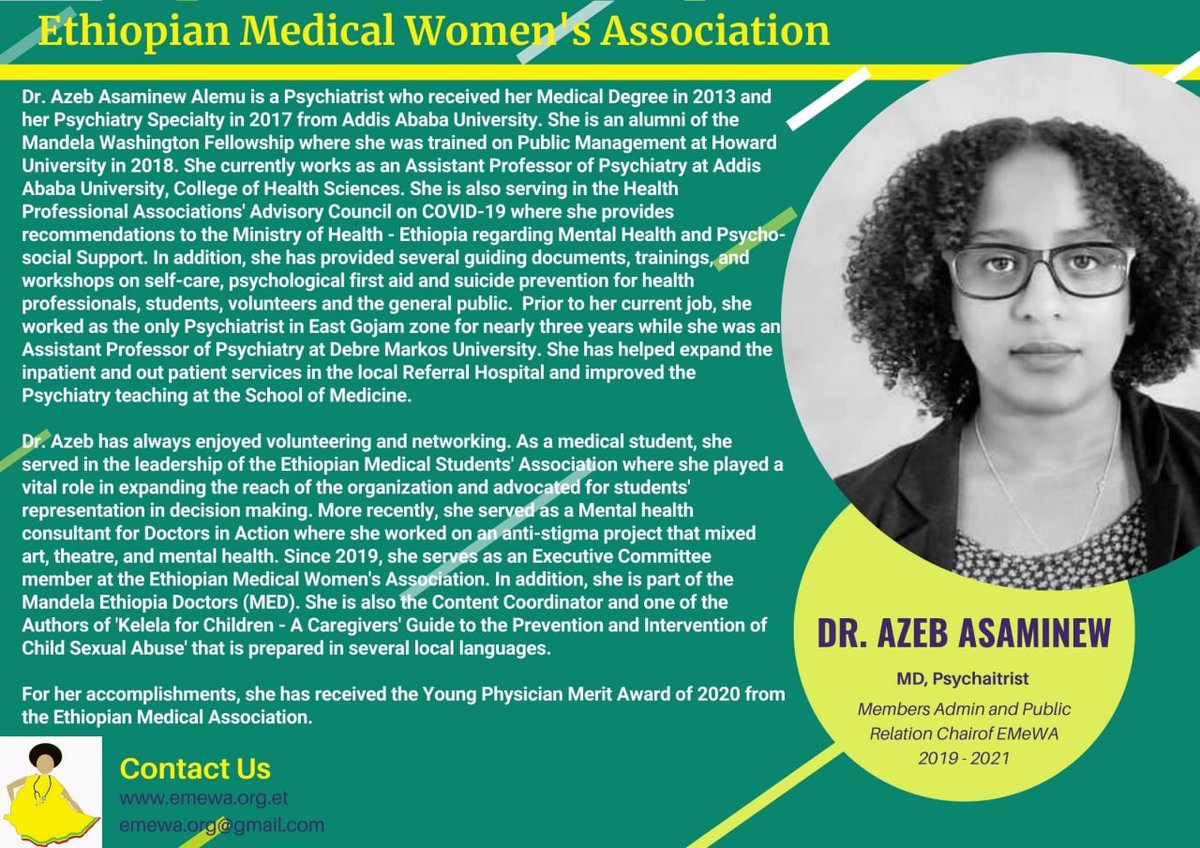 Let's introduce you to our Members Admin and Public Relations Chair 2019 - 2021 

Meet Dr. Azeb Asaminew <a href="/azeb_alemu/">Azeb A🇪🇹</a>
MD, Psychiatrist, Assistant Professor of Psychiatry at Addis Ababa University