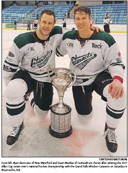 CBPost_Jeremy's tweet photo. Local Sports Throwback: Ryan Desrosiers of New Waterford, left, and Stuart McRae of Coxheath are shown after winning the Allan Cup men's senior hockey championship in April 2017. PHOTO SUBMITTED/@capebretonpost. https://t.co/4CLPD8n5c0