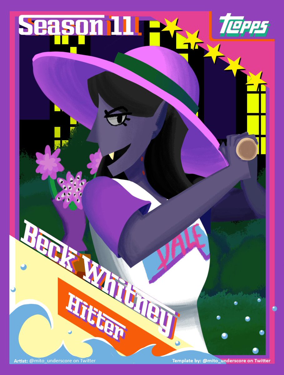 I made a Blaseball card for <a href="/bluebellbats/">Beck Whitney🌷</a> of the <a href="/MiamiBlaseball/">Miami Dale</a> with <a href="/CaligulaLotus/">Cali Lotus🌷</a>  in the back cheering her on

#blaseball #MiamiDale #blaseballcard #art