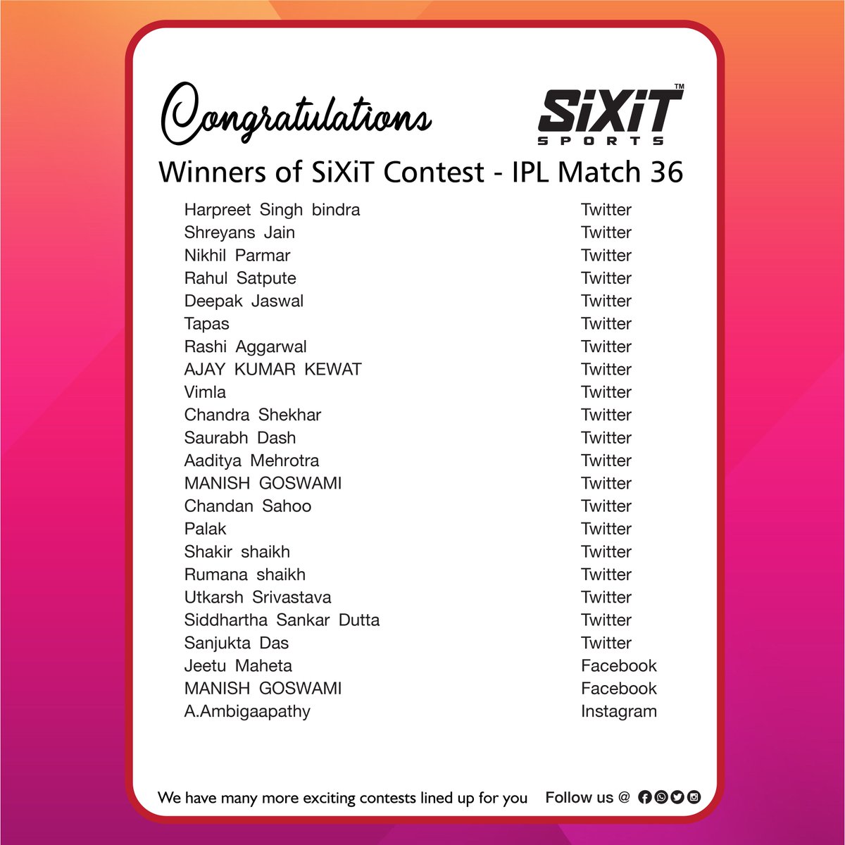 sixitsports's tweet photo. #Congratulations #Winners #IPL2020  #match36 #Contest #SiXiT #PerformanceUnmatched, kindly request all Winners to fill their respective details in the link below and submit 
https://t.co/ZaSVebuons https://t.co/wZtpp5QJo5