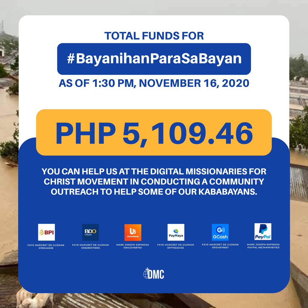 DMCmove's tweet photo. Good afternoon, ministry partners! Here is the total donation sent to us as of 1:30 PM today! We thank all those who gave, who pledged to do so. But most importantly, we thank those whom are praying with us.

#DigitalMissionariesforChrist #UlyssesPHAid #BayanihanParaSaBayan https://t.co/DtRanDiYs6