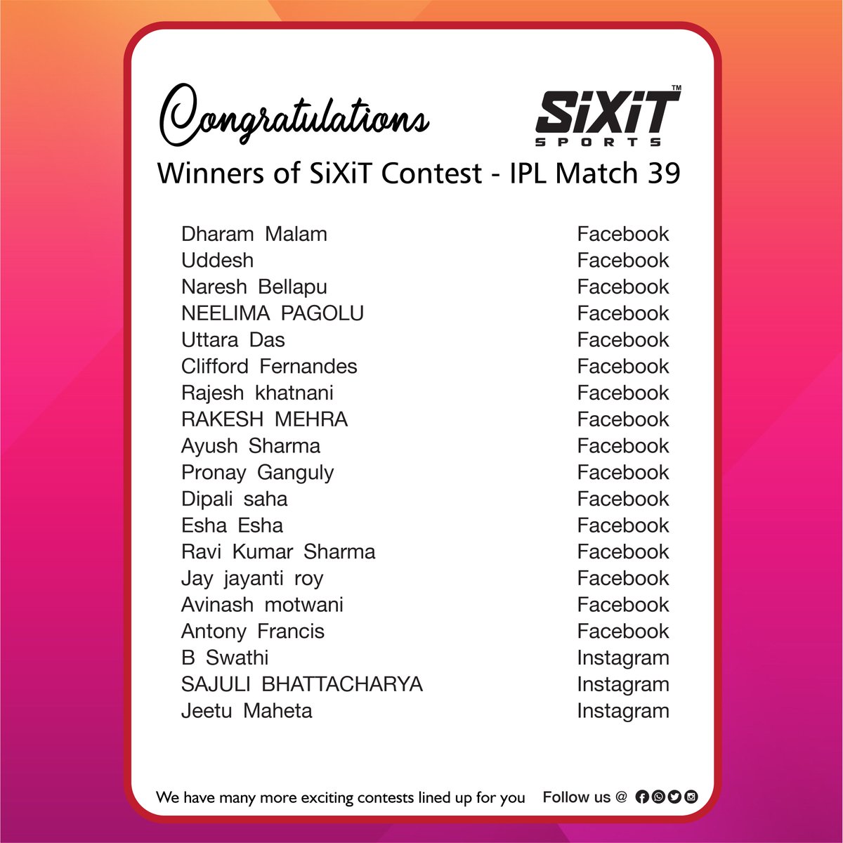sixitsports's tweet photo. #Congratulations #Winners #IPL2020 #match39 #Contest #SiXiT #PerformanceUnmatched, kindly request all Winners to fill their respective details in the link below and submit
https://t.co/ZaSVebuons https://t.co/LR7EcWXu9z