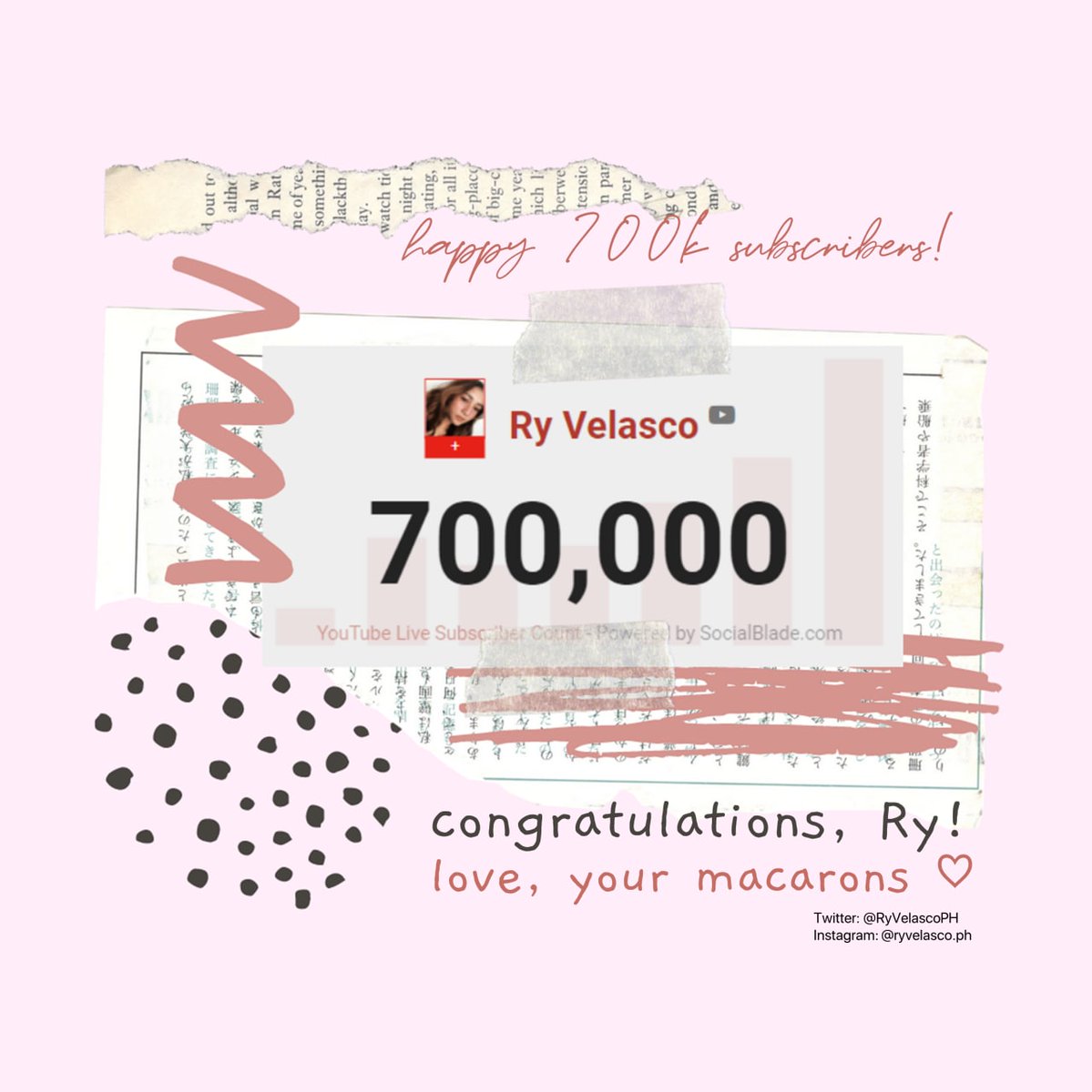RyVelascoPH's tweet photo. Happy 700k Macarons, our dearest @RyVlsco! 🥳 

Congratulations on your new milestone, we are so proud of you! It makes our heart melt to have witnessed you flourish in your chosen craft as our family continues to grow. We love you🤎 https://t.co/2BZYwnySj9