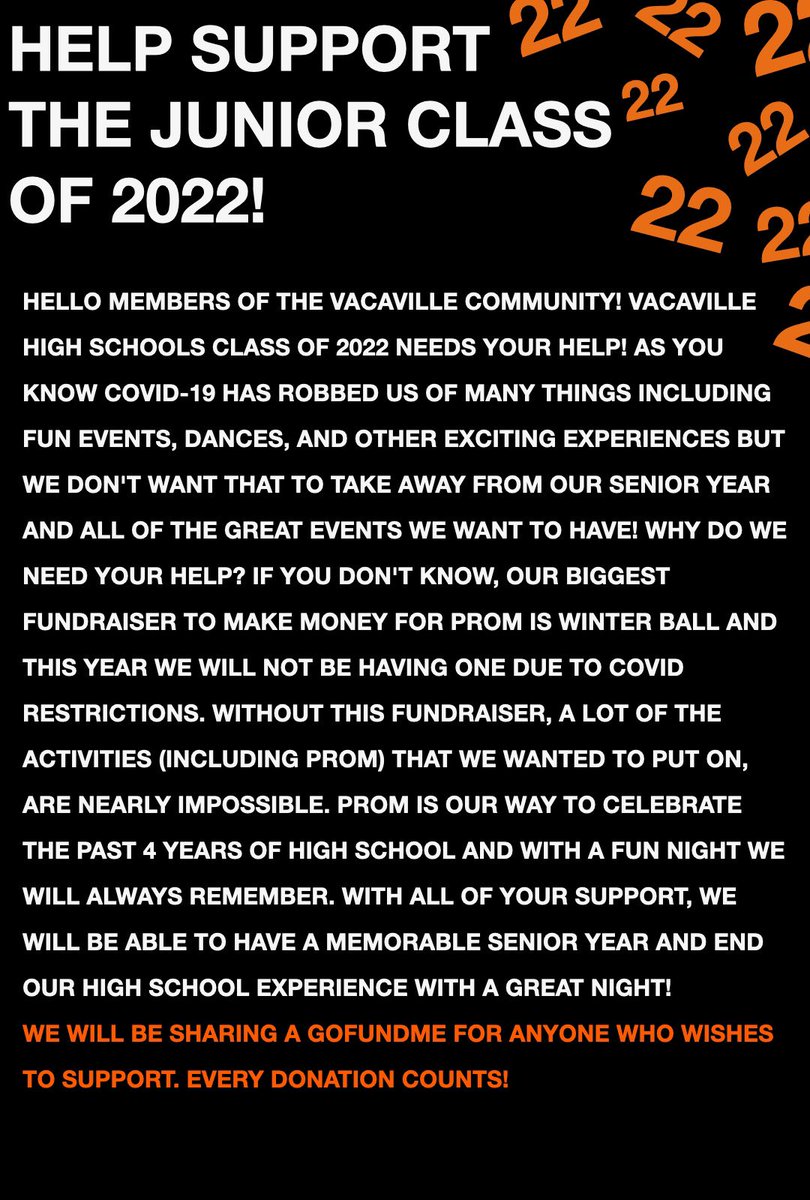 gofundme.com/f/class-of-202….  Vaca High’s Class of 2022 needs your help!!