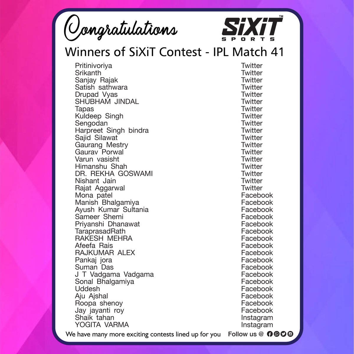 sixitsports's tweet photo. #Congratulations #Winners #IPL2020 #match41 #Contest #SiXiT #PerformanceUnmatched, kindly request all Winners to fill their respective details in the link below and submit
https://t.co/ZaSVebuons https://t.co/MIaFuc9yLN