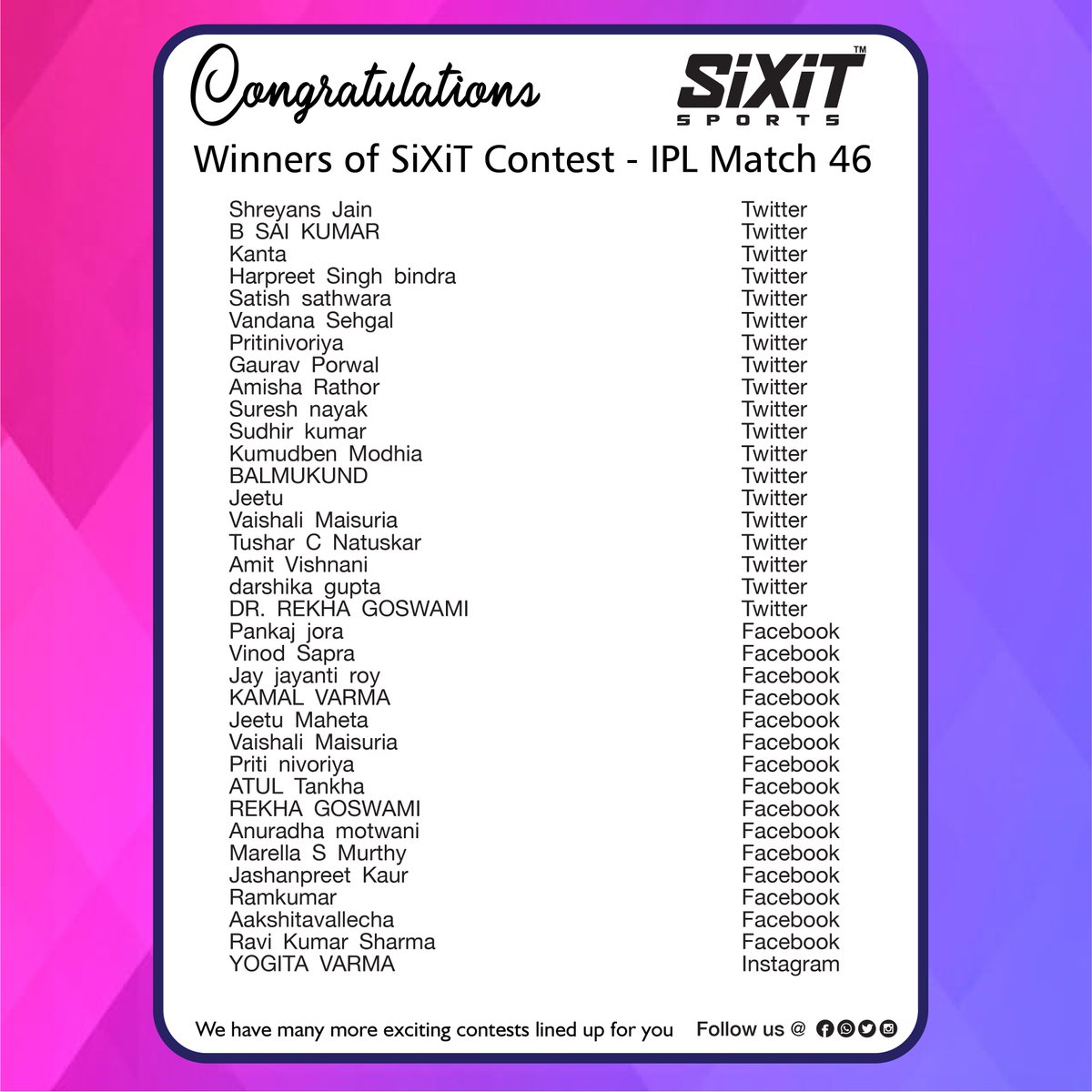 sixitsports's tweet photo. #Congratulations #Winners #IPL2020 #match46 #Contest #SiXiT #PerformanceUnmatched, kindly request all Winners to fill their respective details in the link below and submit
https://t.co/ZaSVebuons https://t.co/ADNPiphqwd