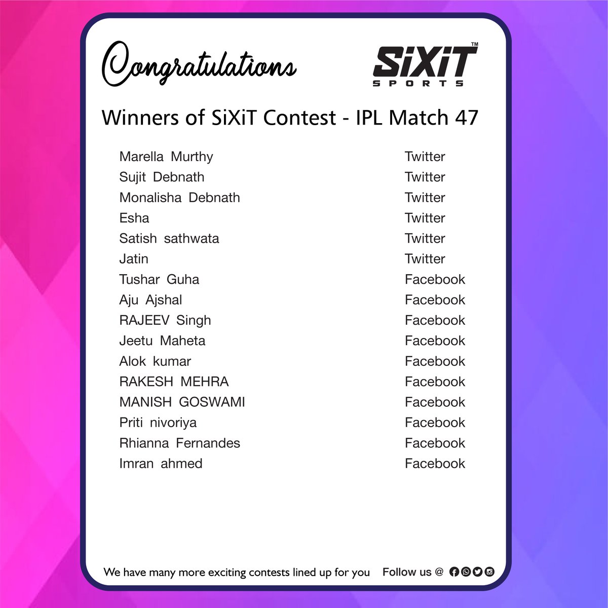sixitsports's tweet photo. #Congratulations #Winners #IPL2020 #match47 #Contest #SiXiT #PerformanceUnmatched, kindly request all Winners to fill their respective details in the link below and submit
https://t.co/ZaSVebuons https://t.co/vfViZUHzcH