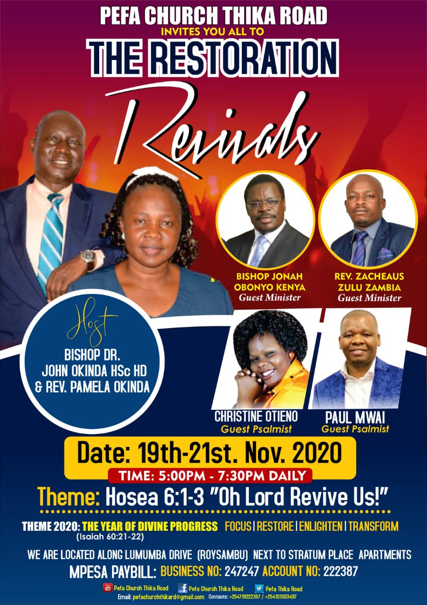 pefathikaroad's tweet photo. #HighlightOfTheWeek #TheRestorationRevivals are on this week as from Thursday - Saturday. Great Ministers of God and Amazing Artistes lined up for you . All are welcomed . @BishopOkinda @pefachurchsb @pefadoni @PEFAGithurai @PccMigori @pefakenya @PEFA_matasia @ncckkenya https://t.co/BFM2338rne