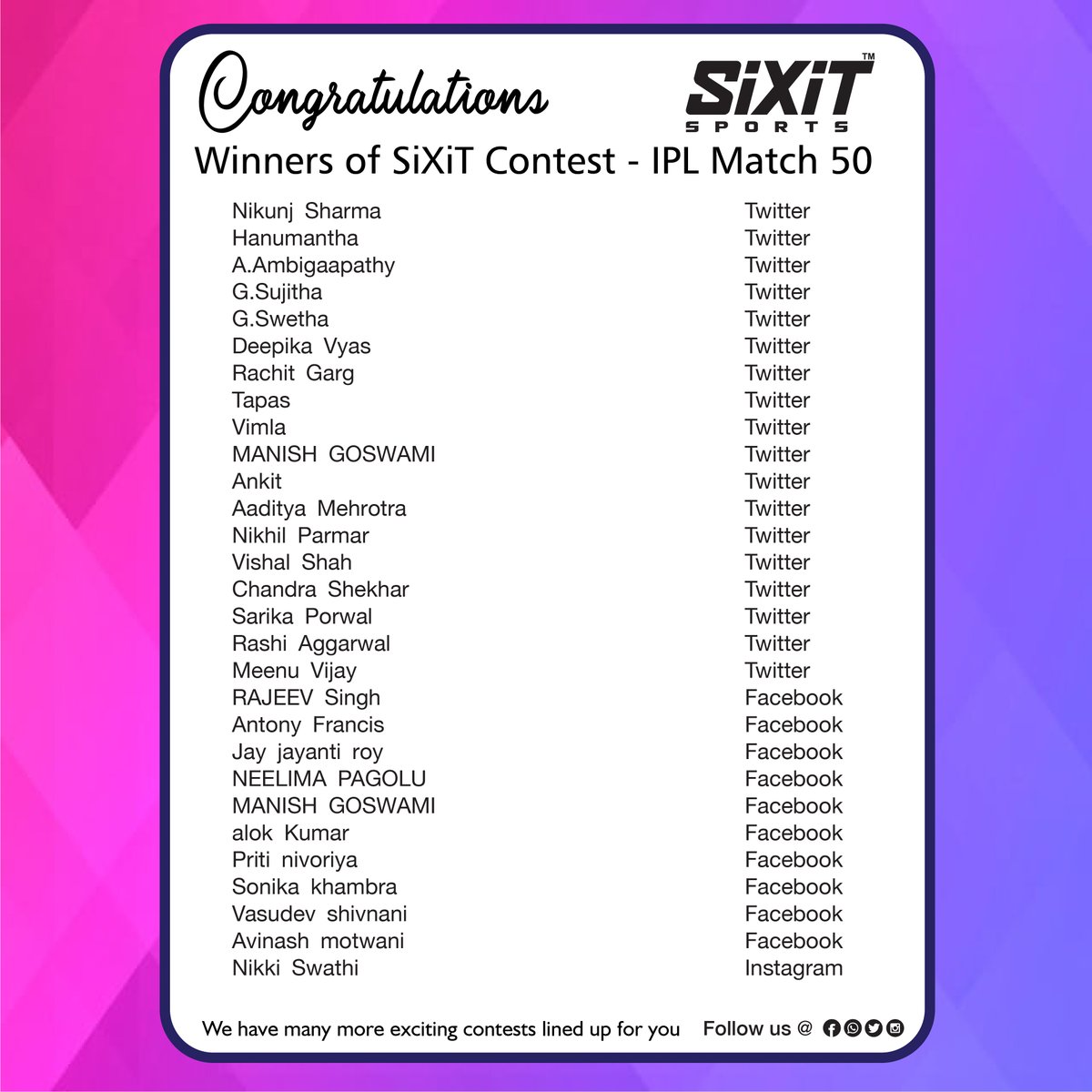 sixitsports's tweet photo. #Congratulations #Winners #IPL2020 #match50 #Contest #SiXiT #PerformanceUnmatched, kindly request all Winners to fill their respective details in the link below and submit
https://t.co/ZaSVebuons https://t.co/f21TKNFid6