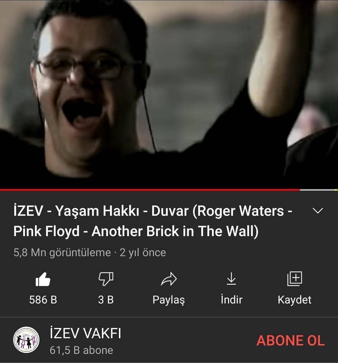 Pink Floyd’un ünlü şarkısı The Wall’un hakları iki seneliğine Türkiyede’ki İstanbul Zihinsel engelliler için Eğitim ve Dayanışma Vakfı İZEV’e verildi.Eğer 10 milyon izlenme alırsa;Engelli dostlarımız için kendileri tarafından bir yaşam köyü kurulacak.Videoyu izle sen de destek ol