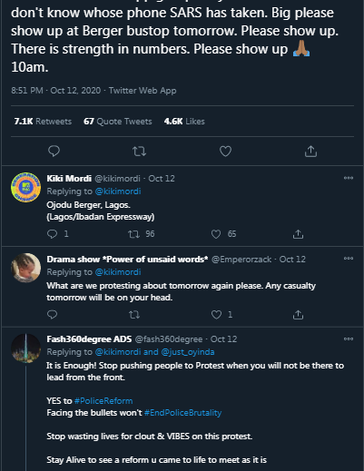 . @Emperorzack &  @fash360degree & others tried to bring reasoning to Kiki's tweet but e-hoodlums already took order from their leaders.The IG of  @PoliceNG already dissolved SARS on the 11th,  @jidesanwoolu was with YOUTHS on d 12th, taking  #5FOR5 to Abuja. PLANNED INSURRECTION?