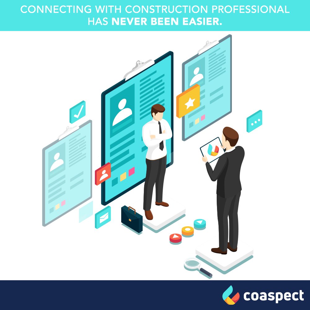 Coaspect's tweet photo. Finding the right set of professionals from different aspects of construction can be challenging – especially during the pandemic. But, with Coaspect Connect, you won’t have to go great lengths to find the right fit.
Take the 7-day free trial today. 
Visit https://t.co/Gy20htnjXP https://t.co/g91b7kveKY