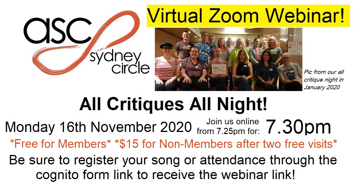 ASCSydneyCircle's tweet photo. Tonight's #ASCSydneyCircle is "All Critiques All Night" - we'll be working on #songcraft from 7.30pm AEDT.  There's still time to register: https://t.co/NTZCUmVuJT 

#Songwriters from across the country are welcome! https://t.co/Te6IritBkm