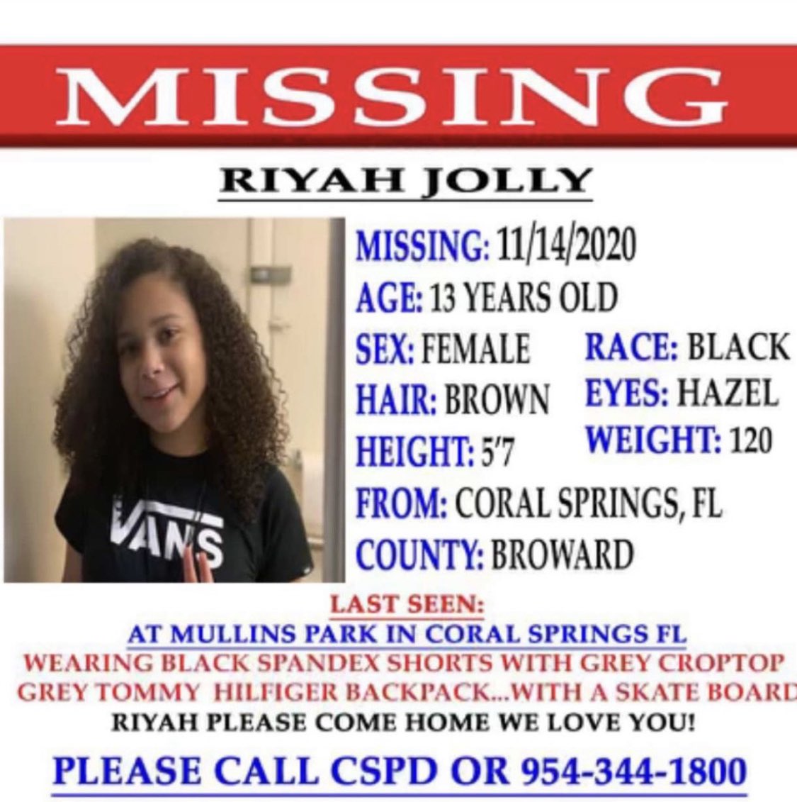 CynthiasCelebs's tweet photo. ATTENTION SOUTH FLORIDA
PLEASE SHARE!!!!  Riyah Jolly needs your help!  ❤️ 🙏🏻🙏🏻🙏🏻
#SouthFlorida #browardcounty
#MissingChild #browardcountyfl #missingchildren #CoralSprings
#CoralSpringsfl #Florida #TheMissing #southflorida #KidsInTrouble https://t.co/NS214jRZ6X