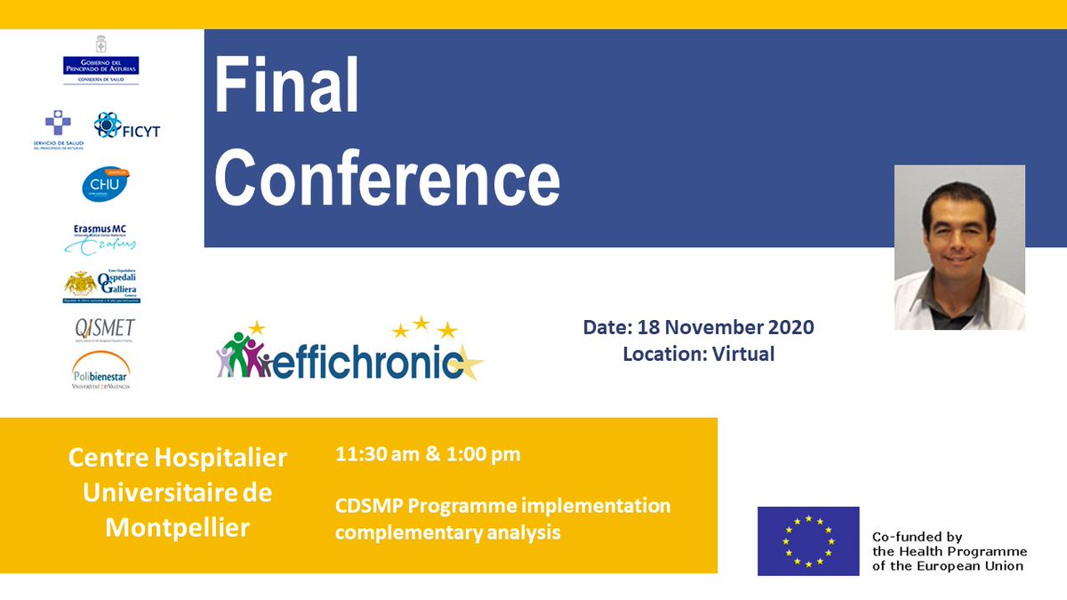 effichronic's tweet photo. Yves-Marie Pers @CHU_Montpellier will give a speech on the implementation of the #CDSMP programme and a study on the impact in #health professionals
Registration https://t.co/tfpWDWyhX5
#FinalConferenceEffichronic
@EU_Health @ErasmusMC @Inserm https://t.co/YgRdv2xB3s